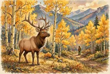 Cartoon illustration of a bull elk standing in a golden aspen grove with mountains and a hunter on a trail in the distance.