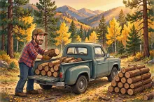 Cartoon illustration of a woodcutter stacking cut firewood onto a pickup truck in an autumn ponderosa pine forest.