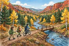 Cartoon illustration of hikers and a cyclist on a riverside trail with a wooden bridge in a pine and aspen canyon.