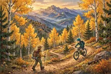 Cartoon illustration of a mountain biker and hiker on a trail through golden aspen groves in the Carson National Forest.