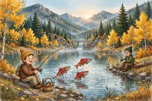 Cartoon illustration of anglers fishing for kokanee salmon at a mountain lake in fall with golden aspens and pine-covered peaks.