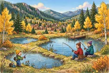 Cartoon illustration of a family fishing at two small ponds in Red River in fall, with golden aspens and pine-covered mountains behind them.