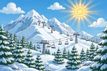Cartoon illustration of a snowy ski mountain with chairlifts and pine trees under a bright sun.