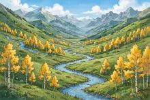 Cartoon illustration of a vast green mountain valley with a winding creek and golden aspens.
