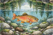 Cartoon illustration of a colorful cutthroat trout swimming in a clear mountain stream.