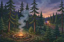 Cartoon illustration of a pine forest at dusk with a small controlled fire and rising smoke.