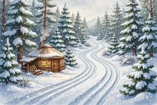 Cartoon illustration of groomed cross-country ski trails through a snowy pine forest with a wooden yurt.