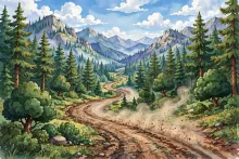 Cartoon illustration of a rugged dirt forest road winding through pine-covered mountains.