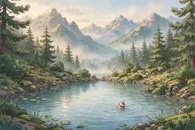 Cartoon illustration of a small alpine lake with a red-and-white fishing bobber floating.