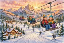 Cartoon illustration of skiers on a chairlift above a snowy mountain slope with snowmaking fans and an alpine village below.