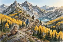 Cartoon illustration of two hikers climbing a rocky switchback trail above treeline toward Wheeler Peak, with golden aspens, an alpine lake, and a dusting of early snow.