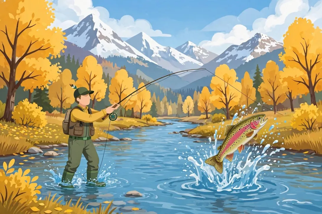 Cartoon illustration of a fly fisherman in a mountain river hooking a leaping rainbow trout amid golden autumn cottonwoods.