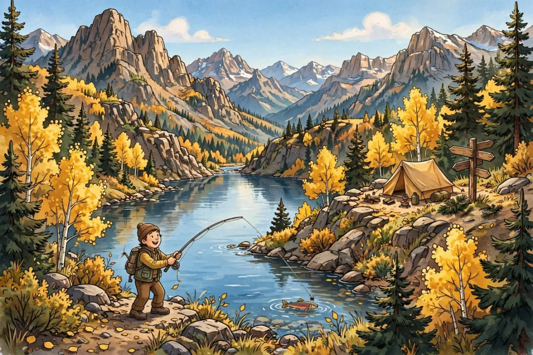 Cartoon illustration of an angler casting at a high mountain lake surrounded by peaks, pine and golden aspen trees near a small campsite.