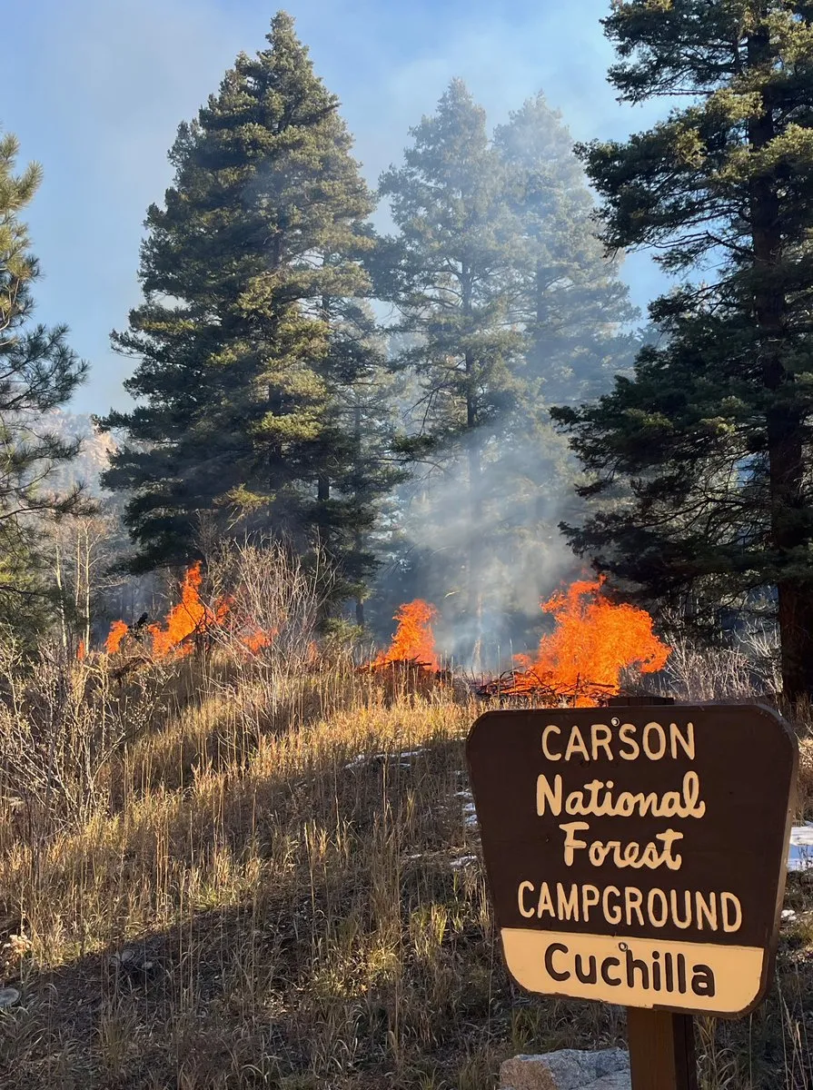 A prescribed pile burn smokes and flames beside the Carson National Forest Cuchilla Campground sign among ponderosa pines.
