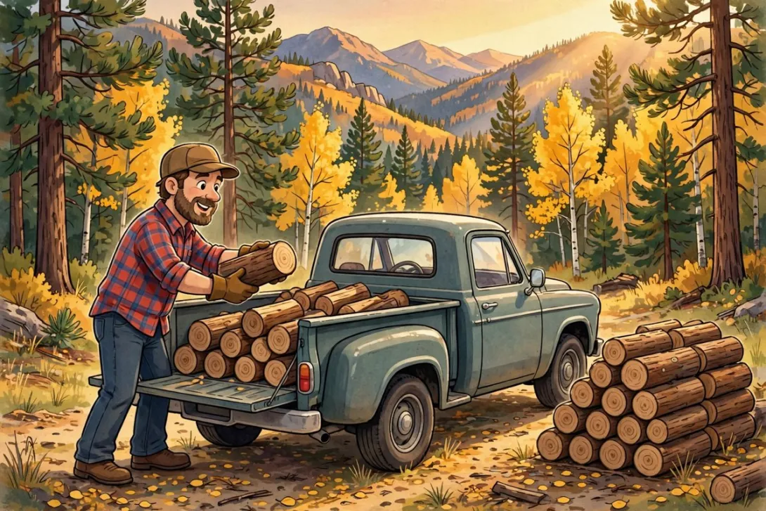 Cartoon illustration of a woodcutter stacking cut firewood onto a pickup truck in an autumn ponderosa pine forest.