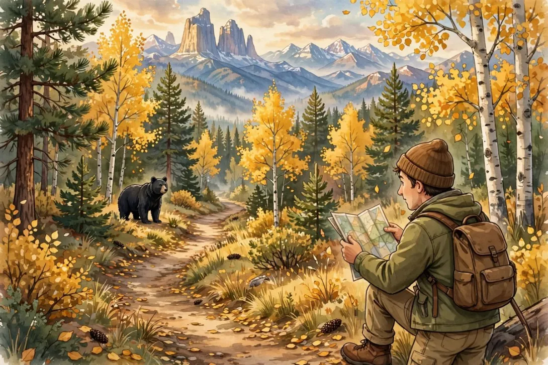 Cartoon illustration of a black bear among pine and aspen trees in a northern New Mexico mountain forest, with a hunter checking a map on a trail.