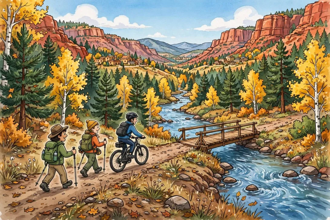 Cartoon illustration of hikers and a cyclist on a riverside trail with a wooden bridge in a pine and aspen canyon.