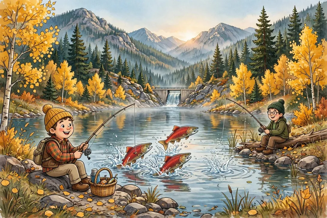 Cartoon illustration of anglers fishing for kokanee salmon at a mountain lake in fall with golden aspens and pine-covered peaks.