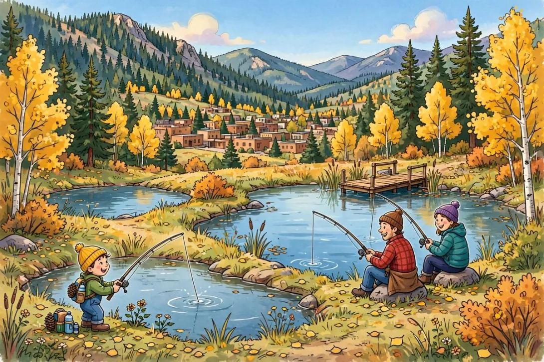 Cartoon illustration of a family fishing at two small ponds in Red River in fall, with golden aspens and pine-covered mountains behind them.