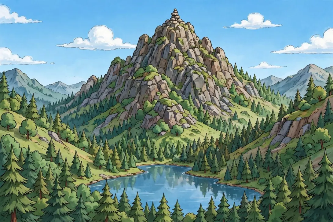 Cartoon illustration of a rocky mountain summit with a stone cairn, alpine lake, and pine forest below.