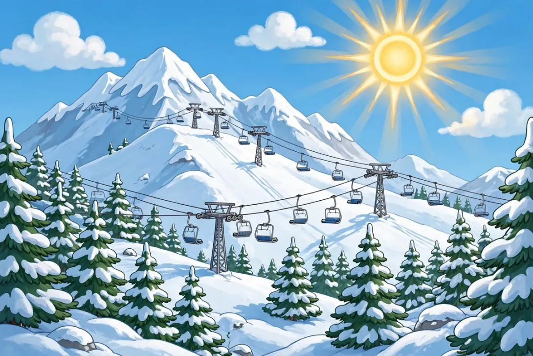 Cartoon illustration of a snowy ski mountain with chairlifts and pine trees under a bright sun.