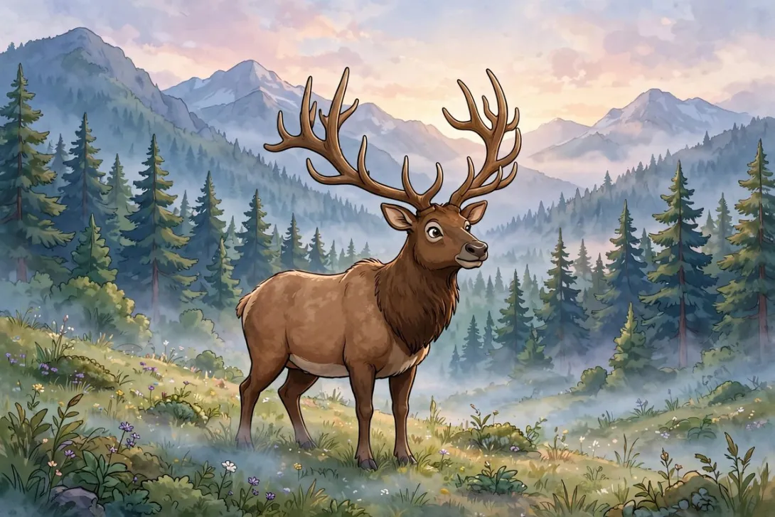 Cartoon illustration of a bull elk with large antlers in a mountain meadow at dawn.