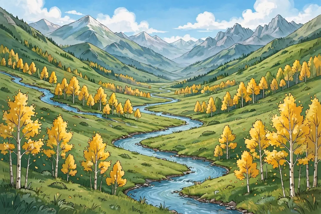Cartoon illustration of a vast green mountain valley with a winding creek and golden aspens.