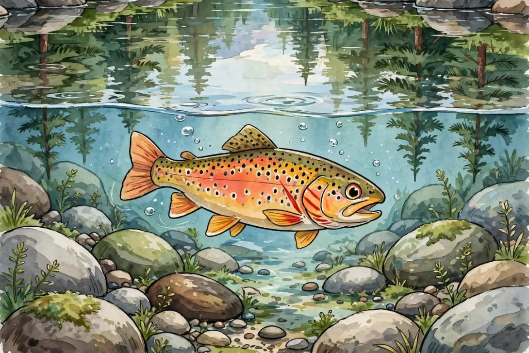 Cartoon illustration of a colorful cutthroat trout swimming in a clear mountain stream.
