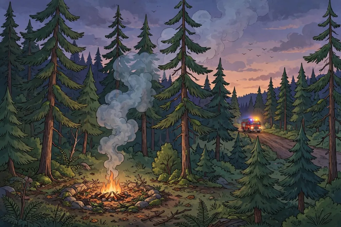 Cartoon illustration of a pine forest at dusk with a small controlled fire and rising smoke.