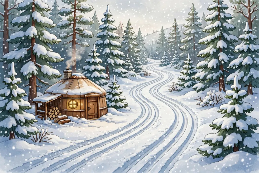 Cartoon illustration of groomed cross-country ski trails through a snowy pine forest with a wooden yurt.