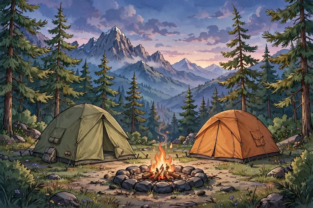 Cartoon illustration of a mountain campground with tents and a campfire under an evening sky.