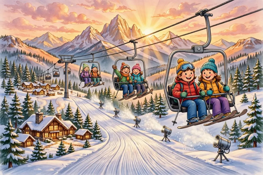 Cartoon illustration of skiers on a chairlift above a snowy mountain slope with snowmaking fans and an alpine village below.