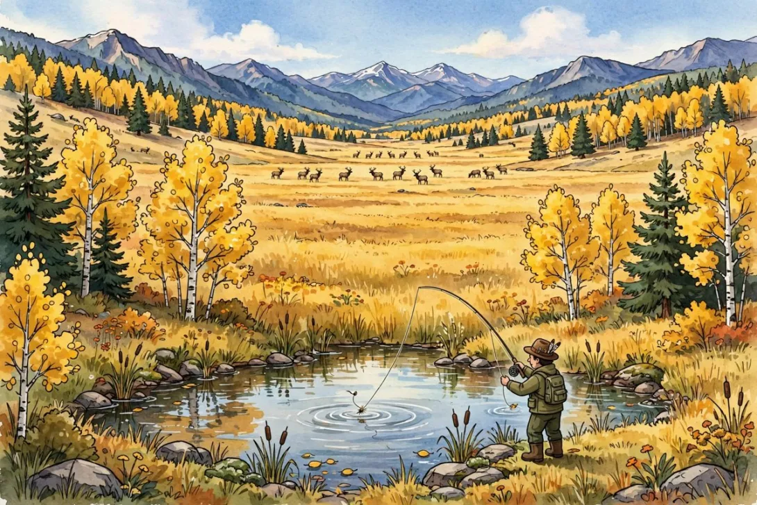 Cartoon illustration of elk in a golden fall meadow beside a trout pond with a fly angler in the Carson National Forest.